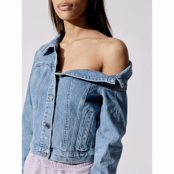 NEW RtA Rebecca One Shoulder Denim Jacket Natural Blue XS